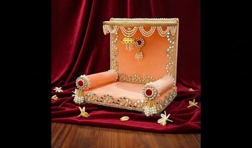 Unique Palette Peach Laddu Gopal Sofa Singhasan - 8 Inch Designer Throne for 2,3,4 Number with Pearl Toran & 2 Cushions