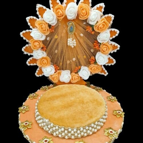 Unique Palette Peach Rose Laddu Gopal Singhasan - 9x9 Inch Flower Baithak for 1,2 Number with Velvet & Pearl Work