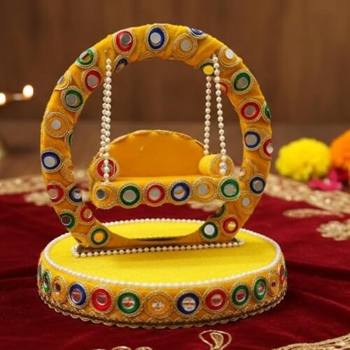 Unique Palette Yellow Mirror Laddu Gopal Jhula - 8x8 Inch Handcrafted Round Swing for 0,1 Number with Pearl Chain & 2 Cushions