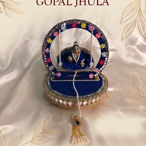 Unique Palette Royal Blue Laddu Gopal Jhula - 8x8 Inch Flower Swing for 0,1,2 Number with Pearl Chain & 2 Cushions
