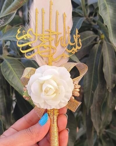 Unique Palette Qubool Hai Nikah Signature Pen - Golden Feather Pen with White Rose & Bismillah Tag for Nikah Ceremony