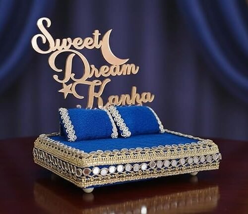 Unique Palette Sweet Dream Kanha Bed - 6x5 Inch Blue Velvet Bed for 0,1,2 Number with Morpankh Tag & 2 Pillows