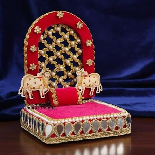 Unique Palette Cow Singhasan Laddu Gopal Bed - 5x6 Inch Wooden Bed for 0,1,2 Number with Pearl Jali & Mirror Lace