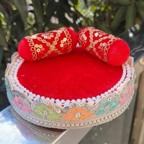 Unique Palette Red Velvet Laddu Gopal Singhasan - 6x6 Inch Round Pooja Chowki for 0 & 1 Number with 2 Cushions