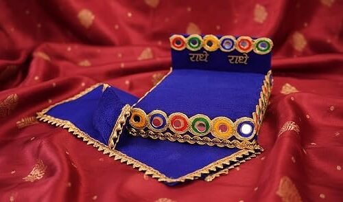 Unique Palette Blue Radhe Radhe Kanha Ji Bed - 6x5 Inch Velvet Bed for 0,1,2 Number Laddu Gopal Ji with Blanket & Pillow