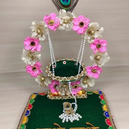 Unique Palette Radhe Radhe Laddu Gopal Jhula - 9x9 Inch Wooden Hindola Palana for 0 & 1 Number with Flower Arch & Mor Pankh