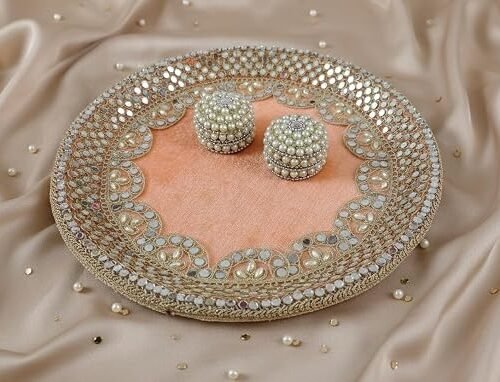 Unique Palette Peach Mirror Pooja Thali Set - 11 Inch Steel Aarti Thali with 2 Pearl Roli Chawal Boxes & Mirror Lace Work