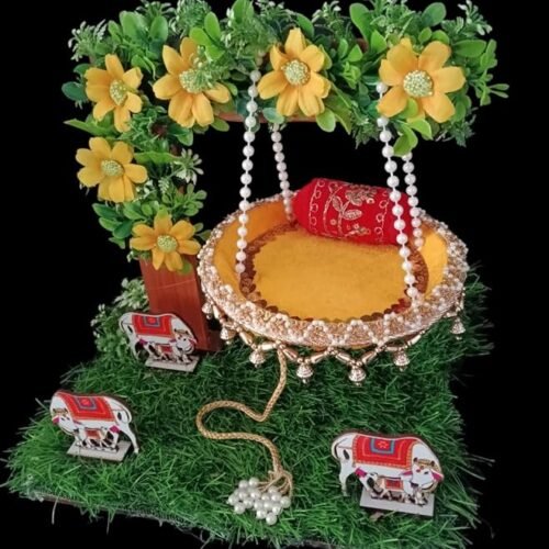 Unique Palette Laddu Gopal Ji Jhula Palna - 10x9 Inch Garden Swing with Yellow Flower Arch, Artificial Grass & 3 Cows for 0,1 Number