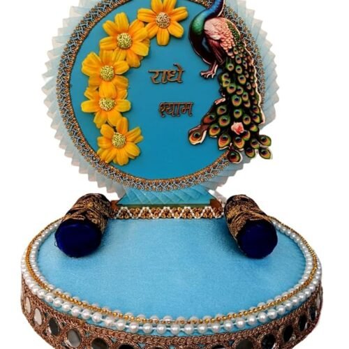 Unique Palette Peacock Radhe Shyam Laddu Gopal Singhasan - 9x9 Inch Round Wooden Sofa Bed for 2,3,4 Number with 2 Pillows