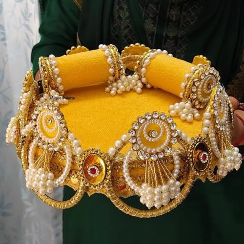 Unique Palette Yellow Kanha Ji Bed - 8 Inch Round Singhasan for 1,2,3 Number | Laddu Gopal Ji Sinhasan with Pearl Kundan Work