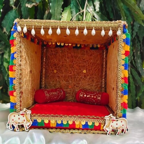 Unique Palette Khas Ki Kutiya for Laddu Gopal Ji - 8x8 Inch Summer Hut Bungalow Singhasan for 1,2,3 Number with 2 Pillows