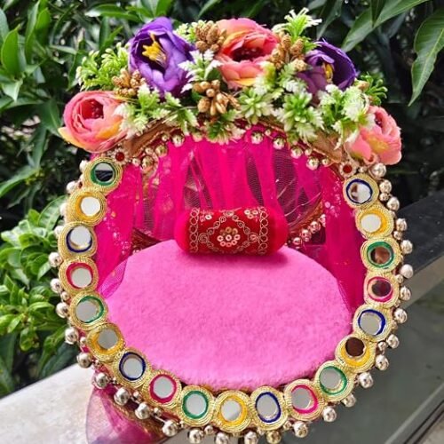 Unique Palette Pink Laddu Gopal Bed - 7x7 Inch Flower Singhasan for 0,1,2 Number with Mirror Lace, Ghungroo & 1 Pillow