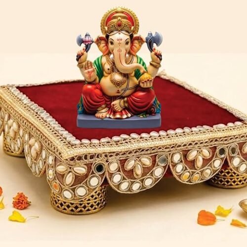 Unique Palette Ganesha Ji Chowki - 6x6 Inch Red Velvet Pooja Chowki for 5 Inch Idol | Handcrafted Singhasan for Ganesh Ji, Laddu Gopal Ji, Mata Rani