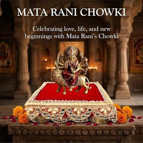 Unique Palette Mata Rani Chowki - 6x6 Inch Red Velvet Pooja Chowki for 5 Inch Idol | Handcrafted Singhasan for Mata Rani, Laddu Gopal, Ganesh Ji