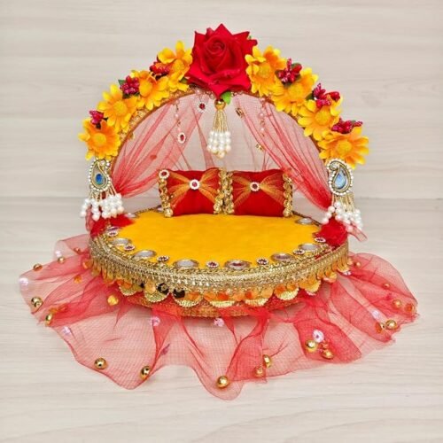 Unique Palette Yellow Laddu Gopal Sofa Bed - 9x9 Inch Designer Singhasan for 1,2,3 Number with Red Rose Arch & 2 Pillows