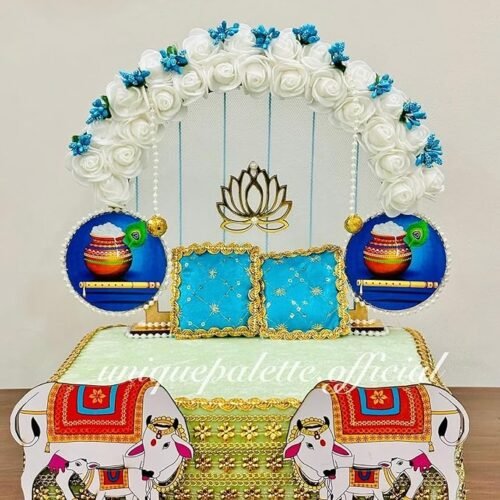 Unique Palette Laddu Gopal Sofa Singhasan - 10x9 Inch Wooden Bethak for 1,2,3,4 Number with Rose Arch, Matki & Kamdhenu Cow Design (Model-2)