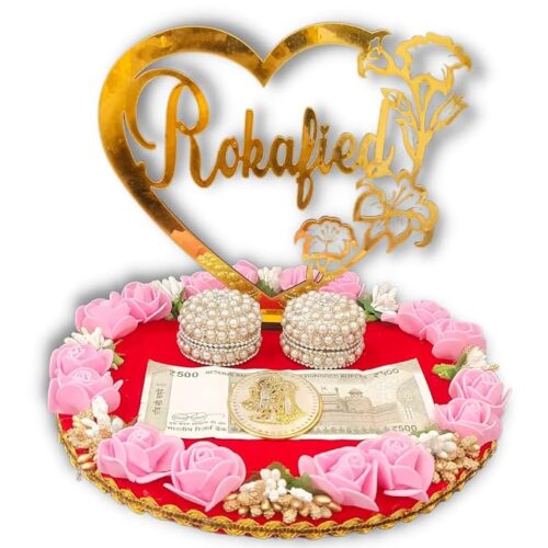 Unique Palette Rokafied Platter - 10 Inch Red Velvet Ring Platter with Golden Heart Tag, 2 Pearl Roli Chawal Boxes & Pink Roses