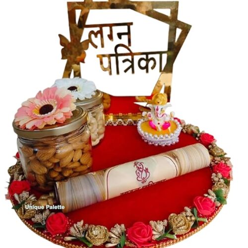 Unique Palette Shahi Chithi Lagan Patrika Platter - 12 Inch Red Velvet Tray with Golden Tag, Ganesha Idol & 2 Dry Fruit Jars