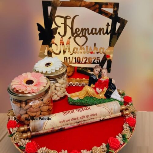 Unique Palette Personalized First Card Platter - 12 Inch Red Velvet Tray with Custom Couple Name, Date, Couple Statue & 2 Dry Fruit Jars