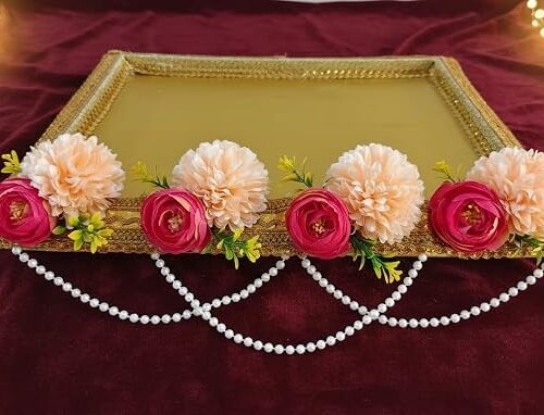 Unique Palette Rumala Sahib Tray Model-804 - Rectangular Bridal Velvet Tray with Flowers & Pearl Latkan for Sikh Wedding & Gurudwara