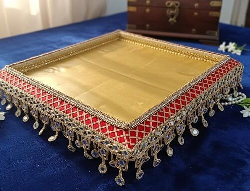 Unique Palette Rumala Sahib Tray Model-805 - 15x18 Inch Rectangular Bridal Tray with Red Mirror Work & Golden Tassel Latkan