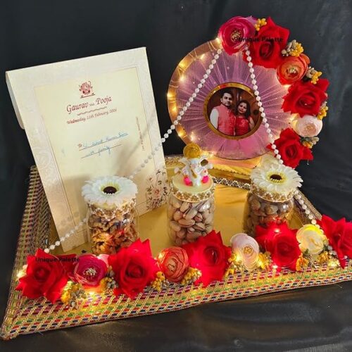 Unique Palette LED Lagan Patrika Platter - 18x16 Inch Wedding First Card Tray with Couple Photo, Ganesha Ji & 3 Dry Fruit Jars